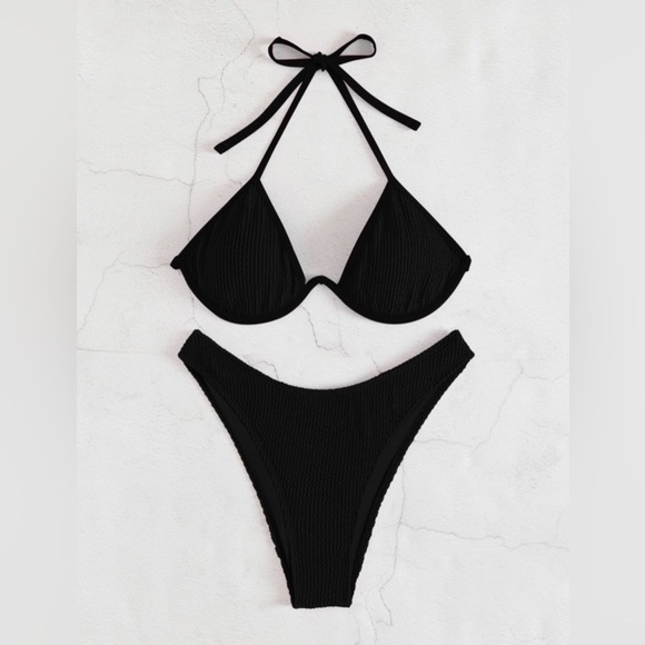 Textured Halter Push Up High Cut Bikini Swimsuit Shein - Picture 2 of 5